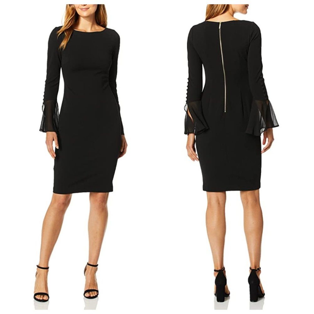 [NWT] Black Calvin Klein Sheath Chiffon Bell Sleeves
